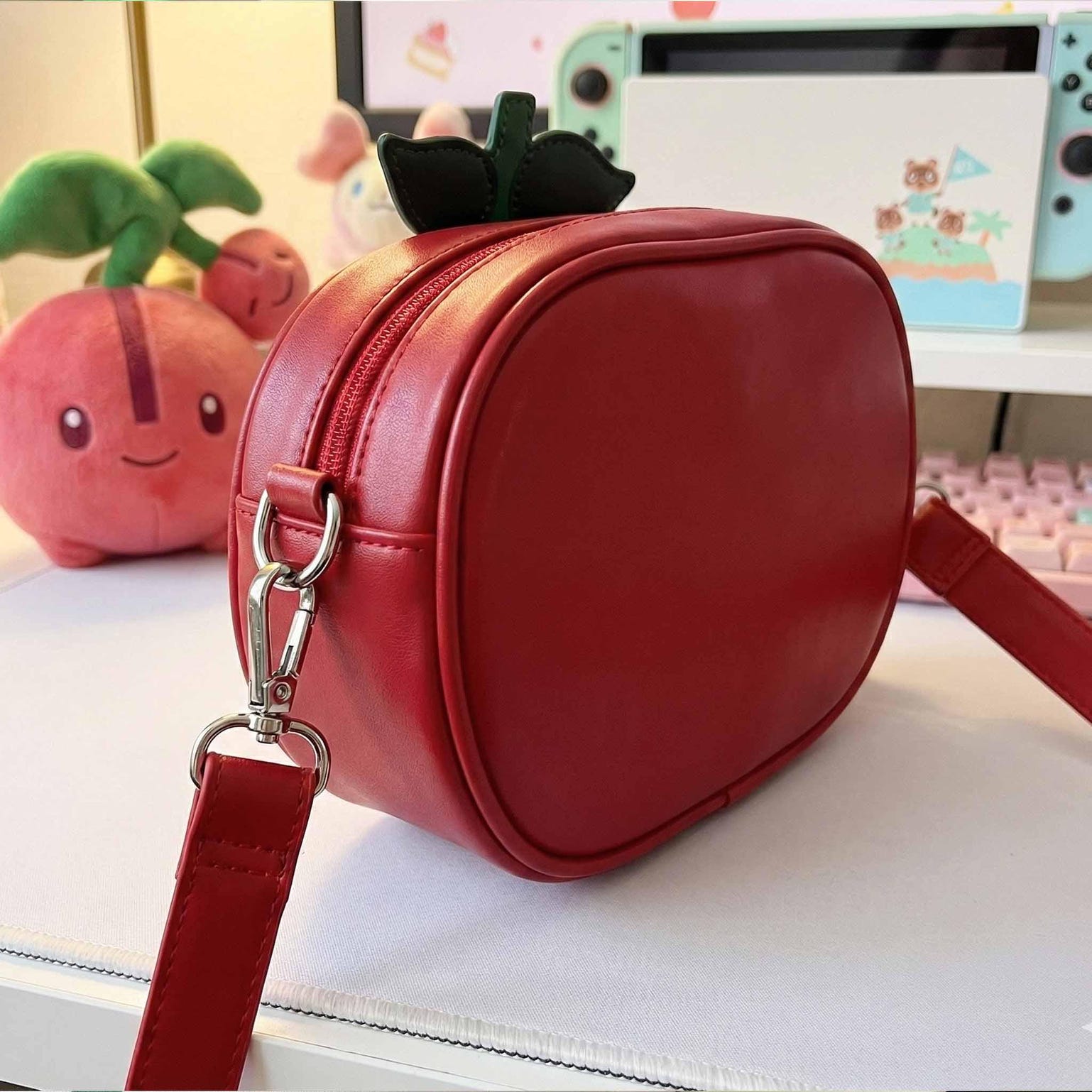 Small Red Cherry Ita Crossbody Bag with Clear Window for Plushies and Pins Small Red Cherry Ita Crossbody Bag with Clear Window for Plushies and Pins — crossbody ita bag detail view