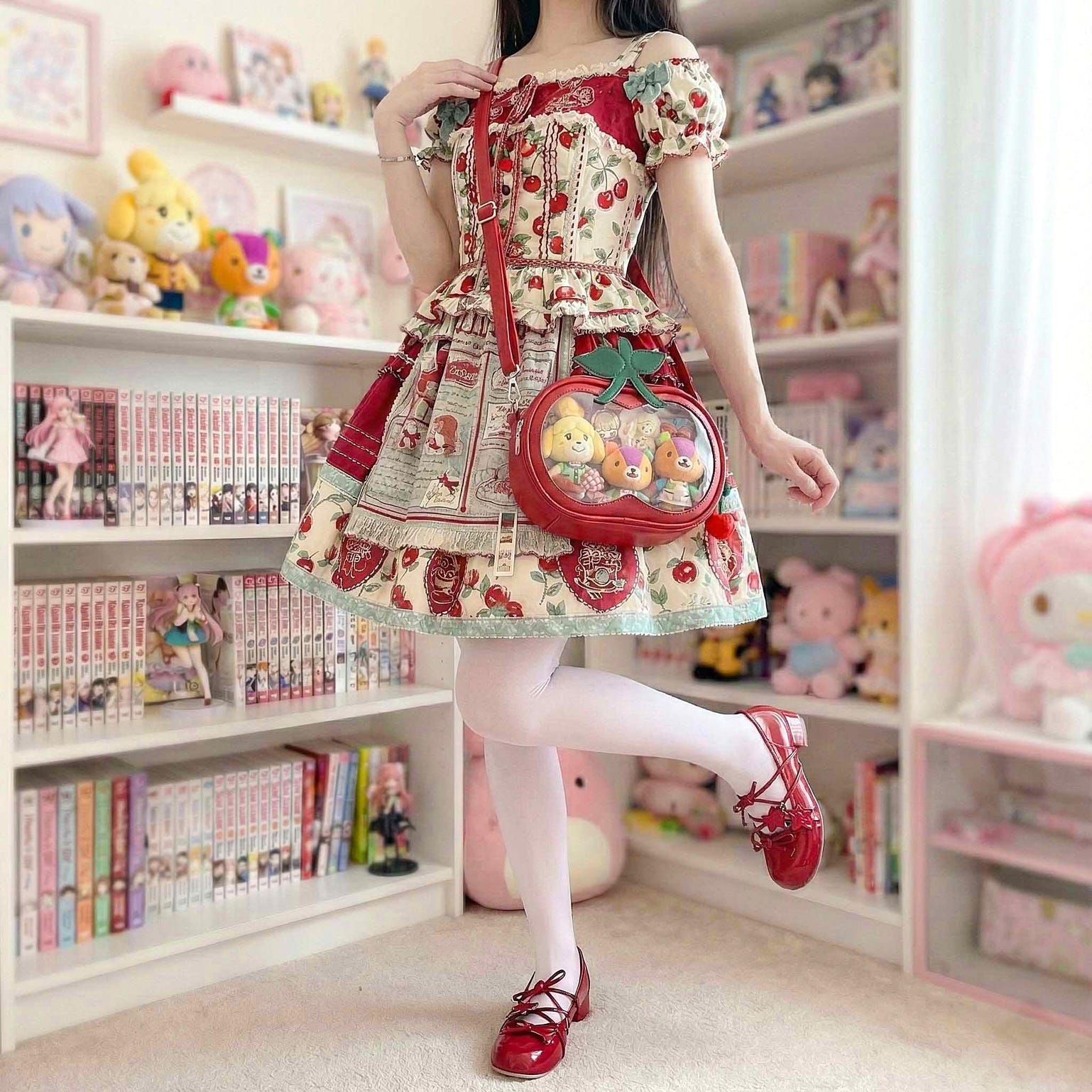 Small Red Cherry Ita Crossbody Bag with Clear Window for Plushies and Pins Small Red Cherry Ita Crossbody Bag with Clear Window for Plushies and Pins — crossbody ita bag detail view