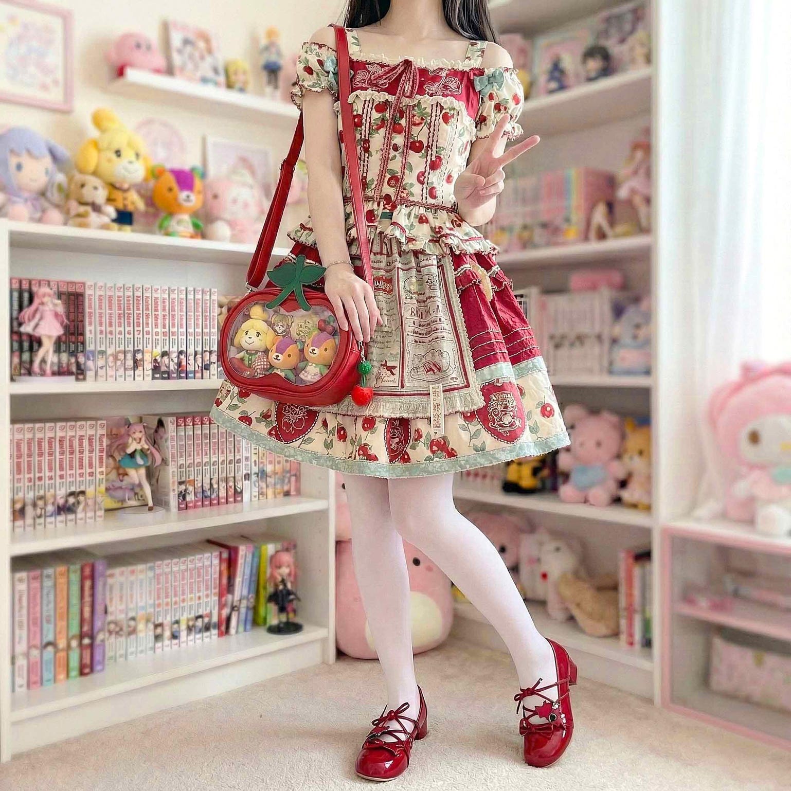 Small Red Cherry Ita Crossbody Bag with Clear Window for Plushies and Pins Small Red Cherry Ita Crossbody Bag with Clear Window for Plushies and Pins — crossbody ita bag detail view