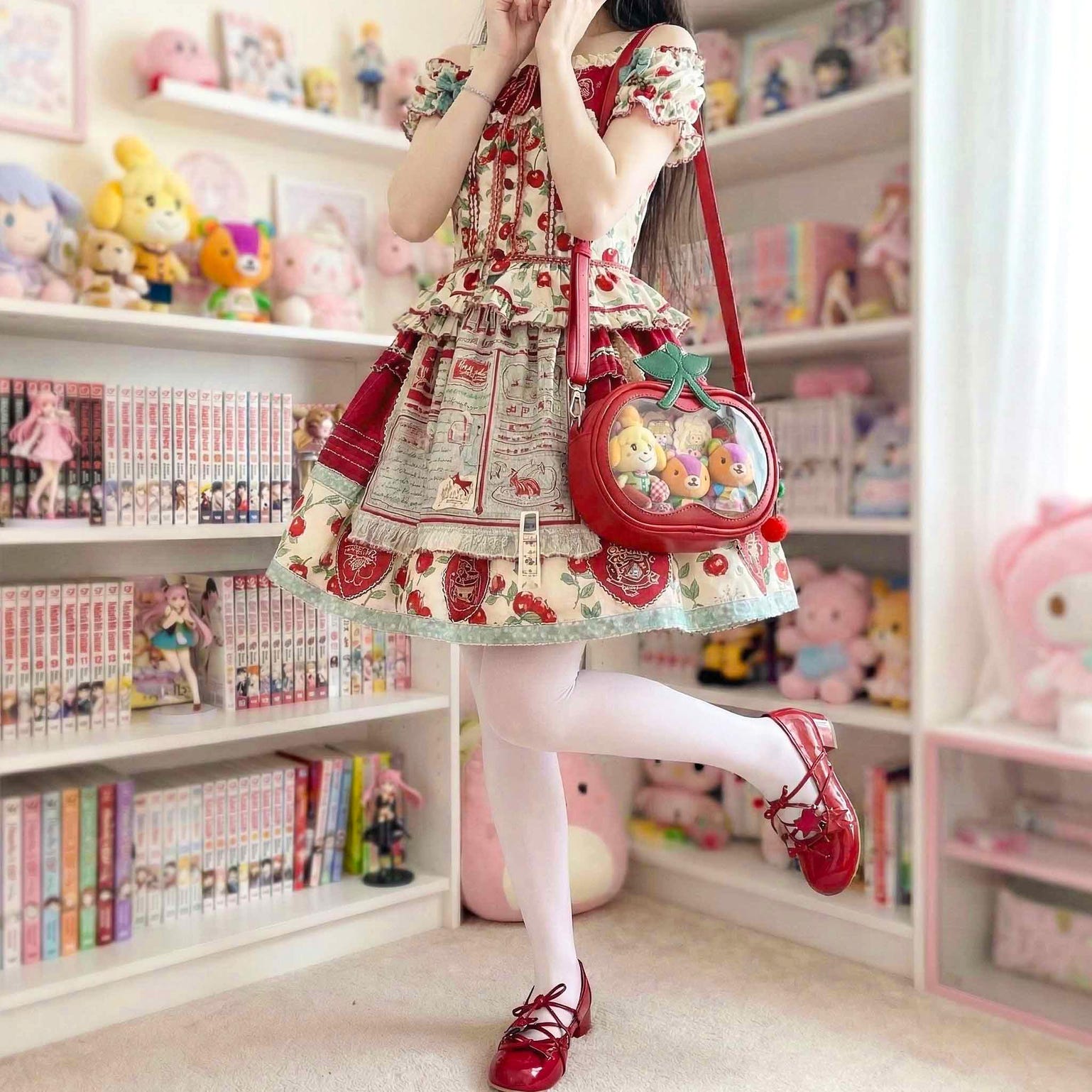 Small Red Cherry Ita Crossbody Bag with Clear Window for Plushies and Pins Small Red Cherry Ita Crossbody Bag with Clear Window for Plushies and Pins — crossbody ita bag detail view