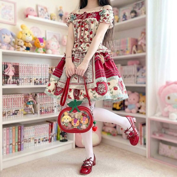 Small Red Cherry Ita Crossbody Bag with Clear Window for Plushies and Pins — crossbody ita bag detail view