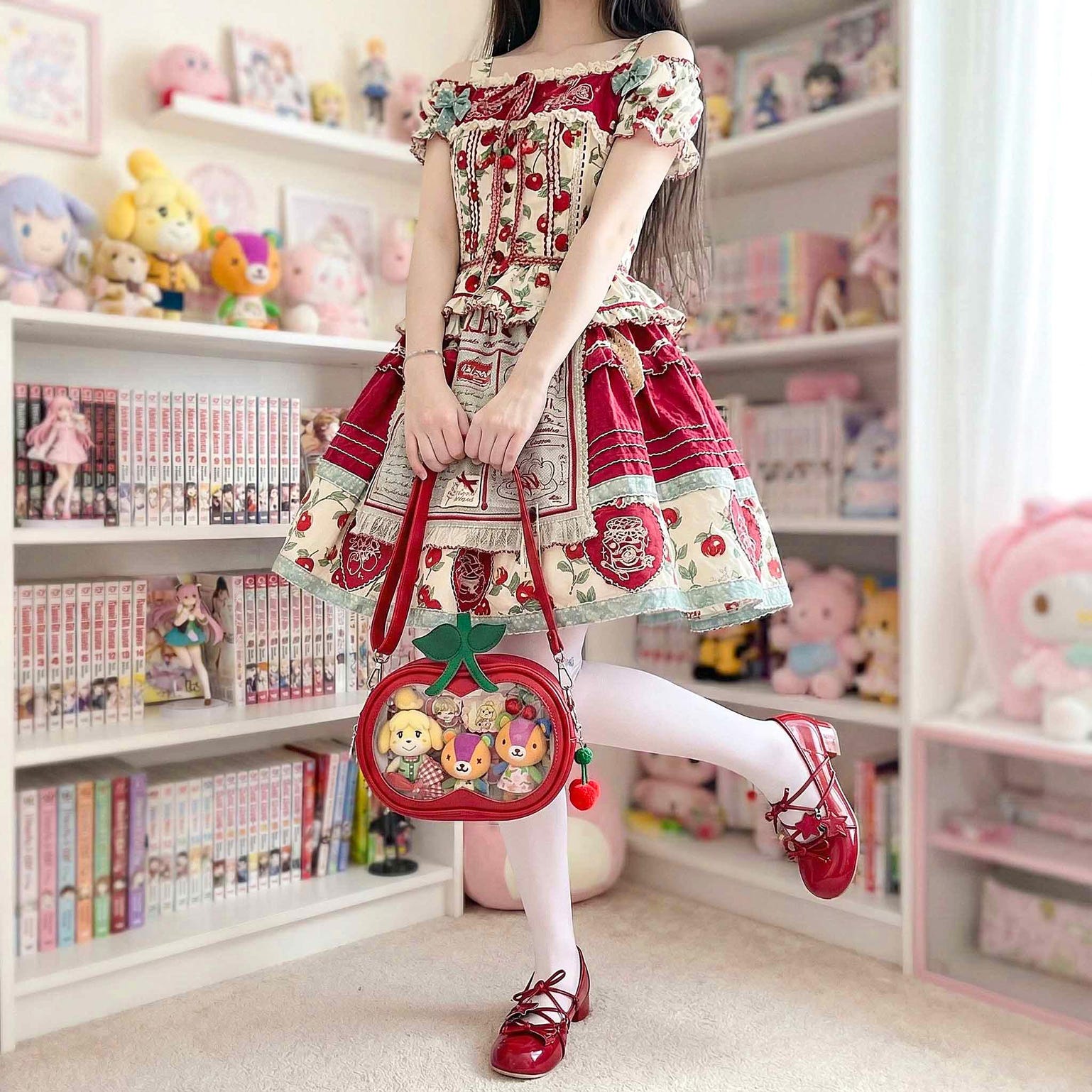 Small Red Cherry Ita Crossbody Bag with Clear Window for Plushies and Pins Small Red Cherry Ita Crossbody Bag with Clear Window for Plushies and Pins — crossbody ita bag detail view