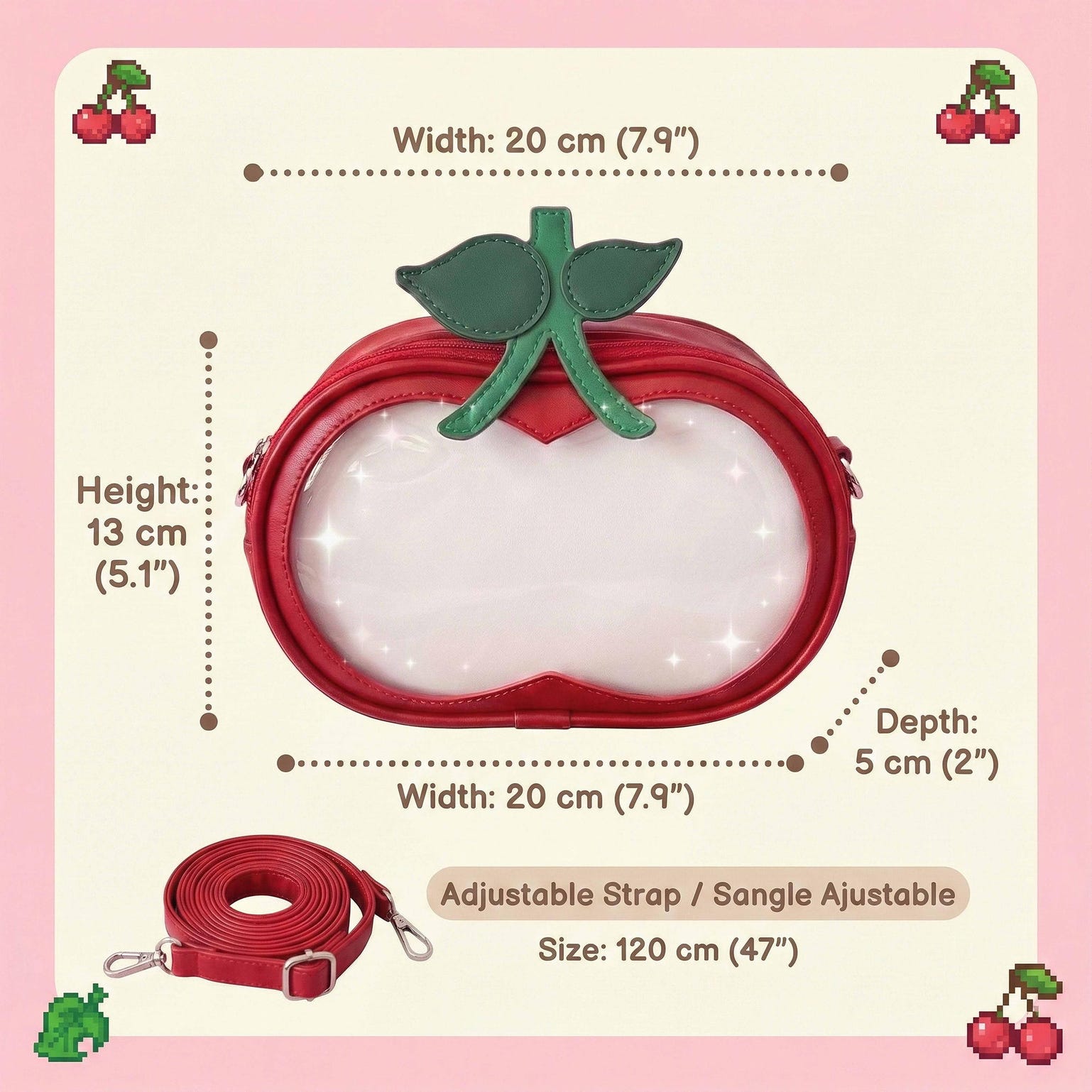 Small Red Cherry Ita Crossbody Bag with Clear Window for Plushies and Pins Small Red Cherry Ita Crossbody Bag with Clear Window for Plushies and Pins — crossbody ita bag detail view