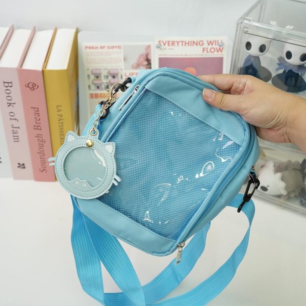 Small White Convertible Ita Bag with Clear Window for Pin Display — mini ita bag detail view