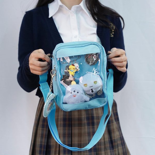 Small White Convertible Ita Bag with Clear Window for Pin Display — mini ita bag detail view