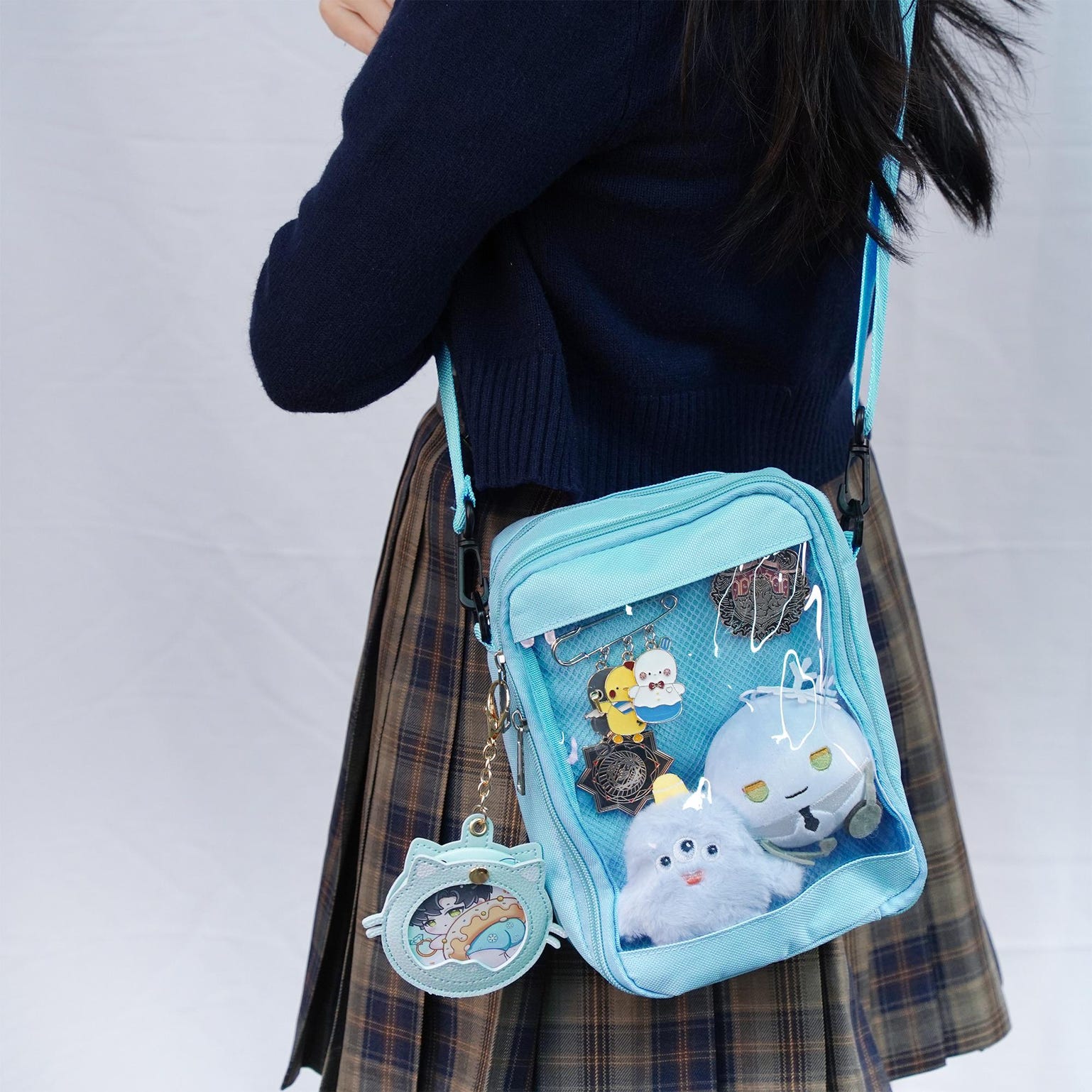 Small White Convertible Ita Bag with Clear Window for Pin Display Small White Convertible Ita Bag with Clear Window for Pin Display — mini ita bag detail view