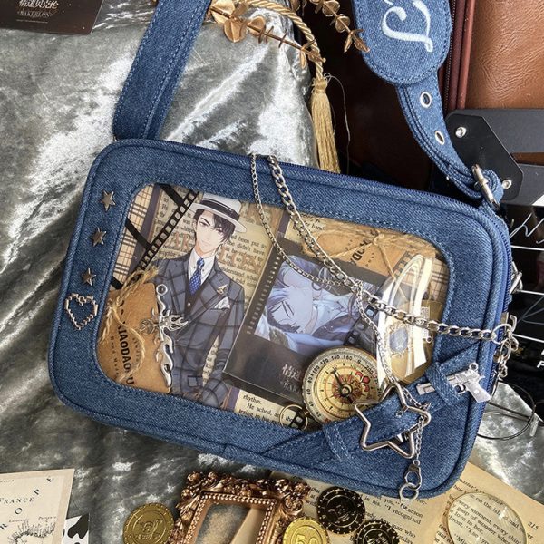 Small White Ita Crossbody Bag with Clear Window for Pin Display — crossbody ita bag detail view