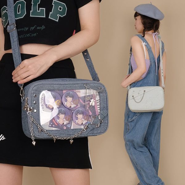 Small White Ita Crossbody Bag with Clear Window for Pin Display — crossbody ita bag detail view