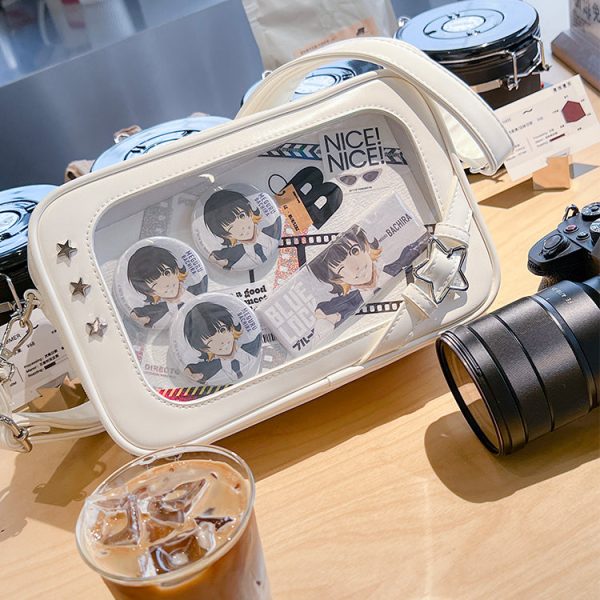 Small White Ita Crossbody Bag with Clear Window for Pin Display — crossbody ita bag detail view