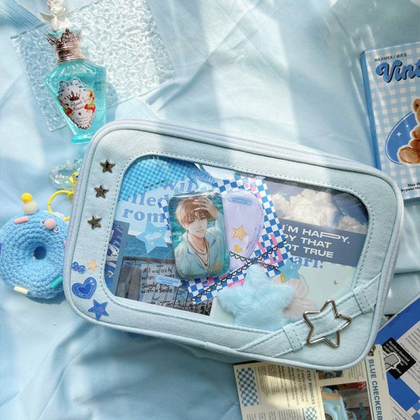 Small White Ita Crossbody Bag with Clear Window for Pin Display — crossbody ita bag detail view