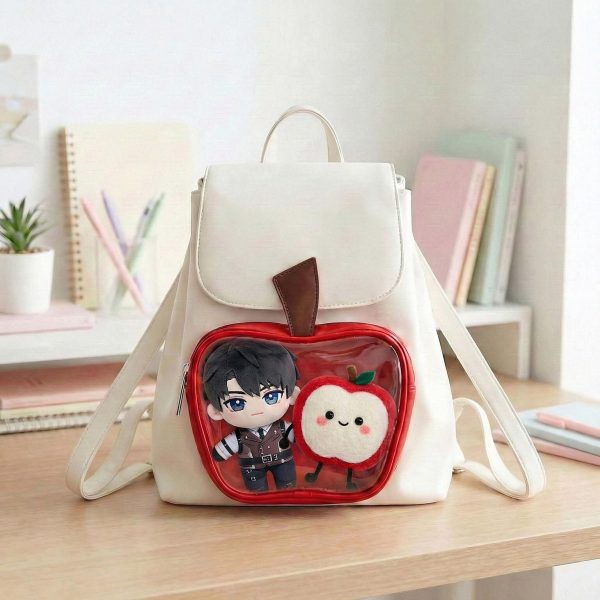 White Apple Ita Backpack with Clear Window for Plushies and Pins — ita backpack with clear display window