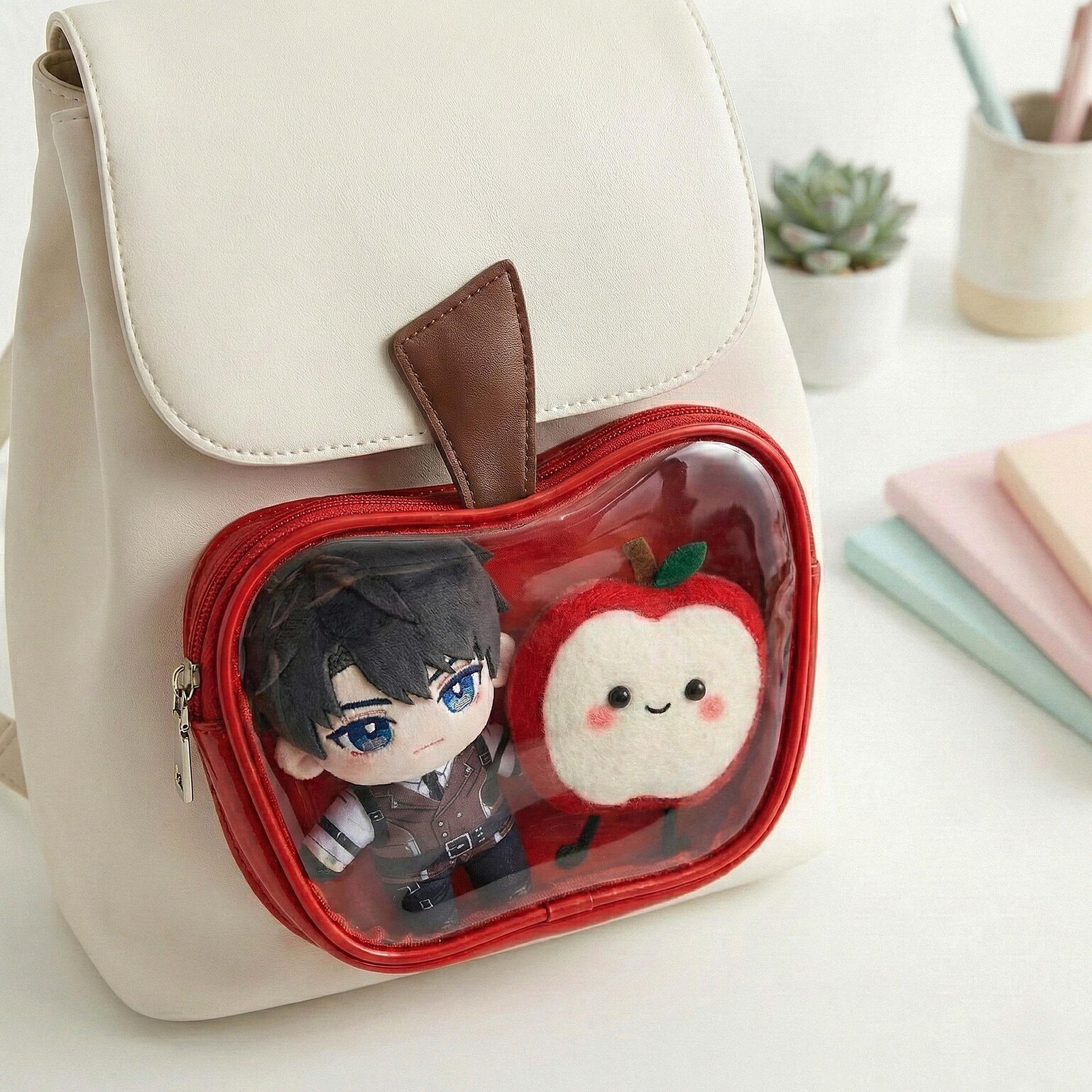 White Apple Ita Backpack with Clear Window for Plushies and Pins White Apple Ita Backpack with Clear Window for Plushies and Pins — ita backpack detail view