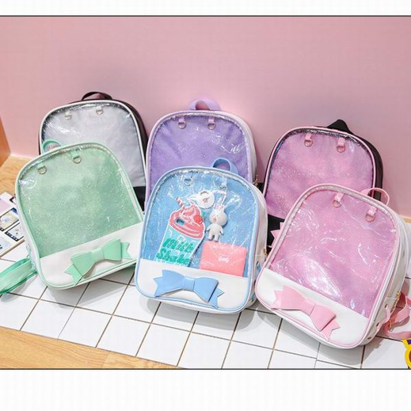 White Backpack with Clear Window for Plushies and Pins — ita backpack detail view