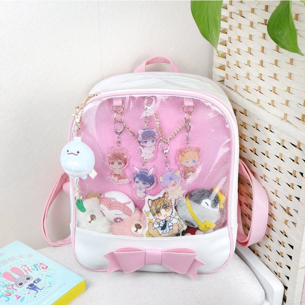 White Backpack with Clear Window for Plushies and Pins — ita backpack detail view