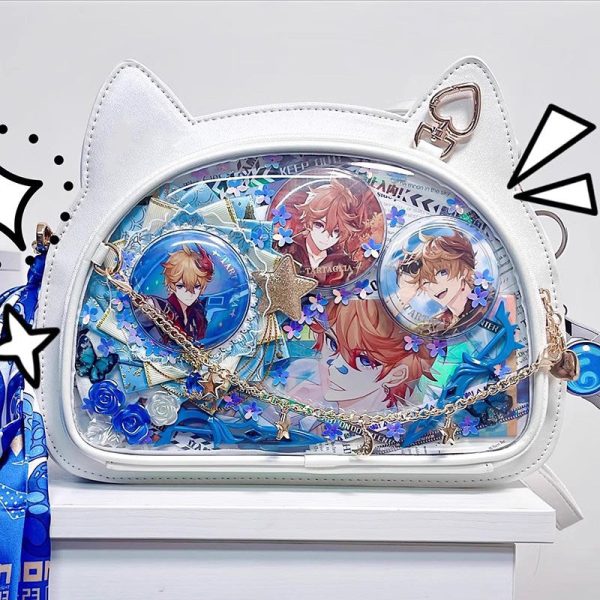 White Cat Ita Bag with Clear Window for Pin Display — ita bag insert detail view