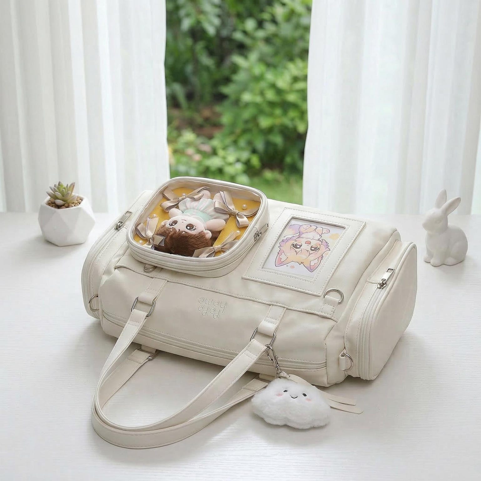 White Ita Crossbody Bag with Clear Window for Plushies and Pins White Ita Crossbody Bag with Clear Window for Plushies and Pins — crossbody ita bag detail view