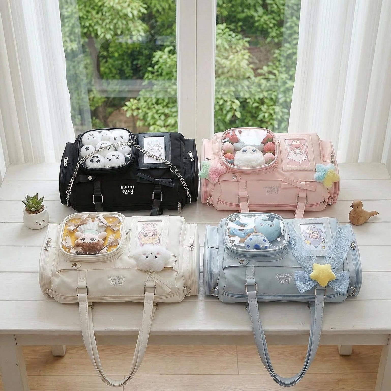 White Ita Crossbody Bag with Clear Window for Plushies and Pins White Ita Crossbody Bag with Clear Window for Plushies and Pins — crossbody ita bag detail view