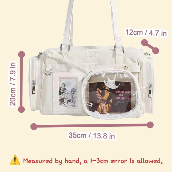 White Ita Crossbody Bag with Clear Window for Plushies and Pins — crossbody ita bag detail view