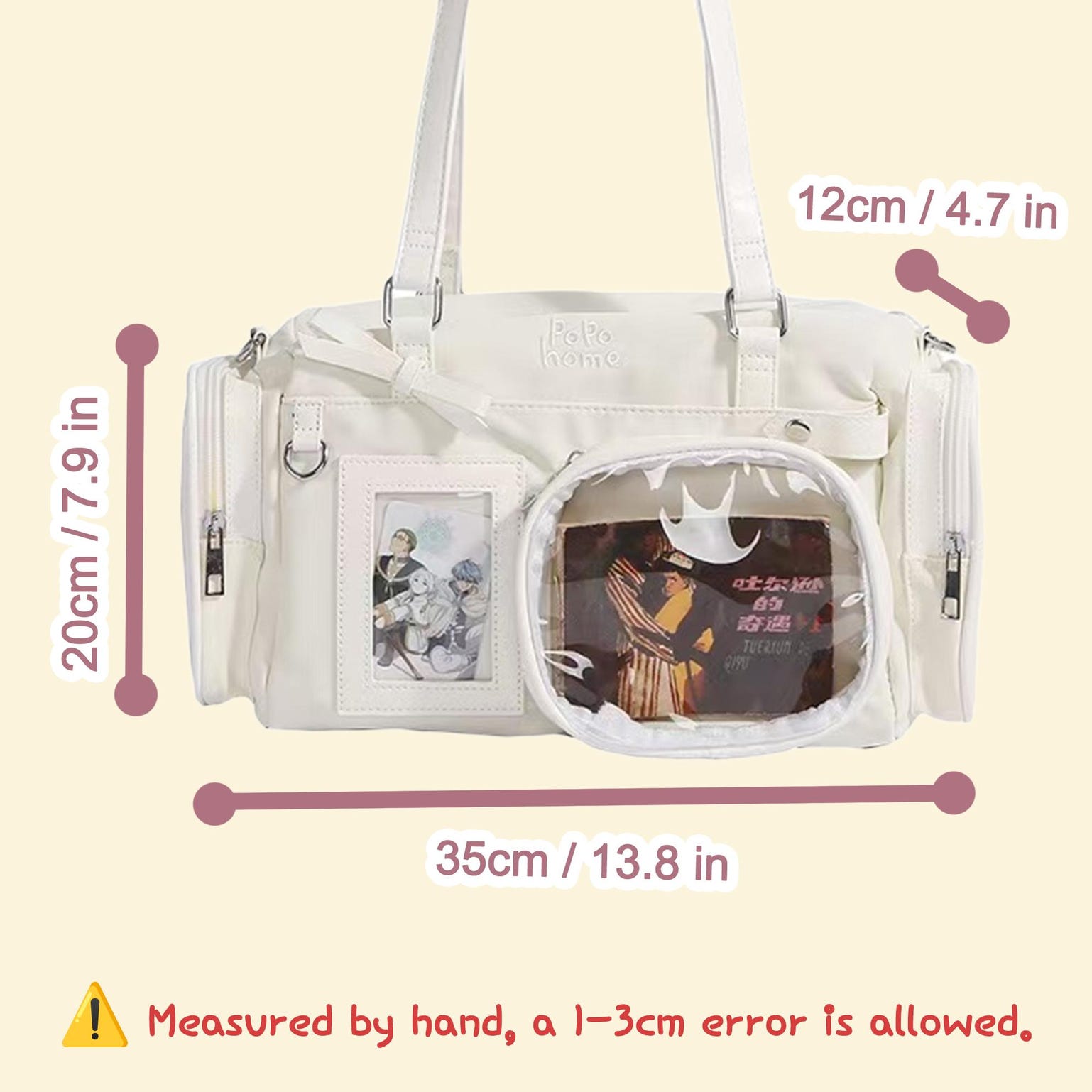 White Ita Crossbody Bag with Clear Window for Plushies and Pins White Ita Crossbody Bag with Clear Window for Plushies and Pins — crossbody ita bag detail view