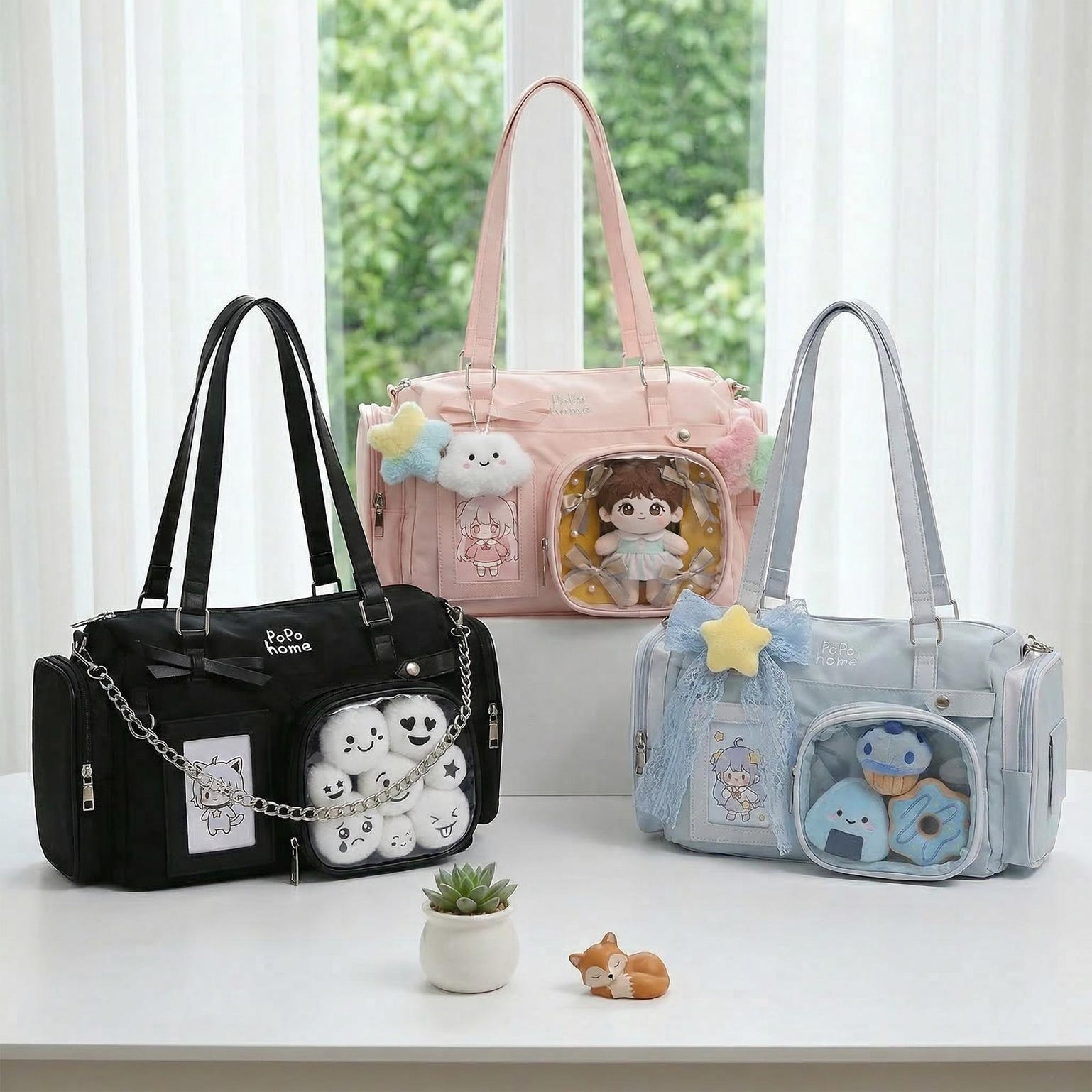 White Ita Crossbody Bag with Clear Window for Plushies and Pins White Ita Crossbody Bag with Clear Window for Plushies and Pins — crossbody ita bag detail view
