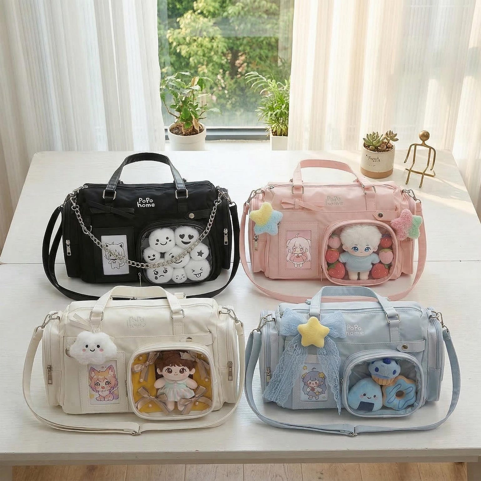 White Ita Crossbody Bag with Clear Window for Plushies and Pins White Ita Crossbody Bag with Clear Window for Plushies and Pins — crossbody ita bag detail view