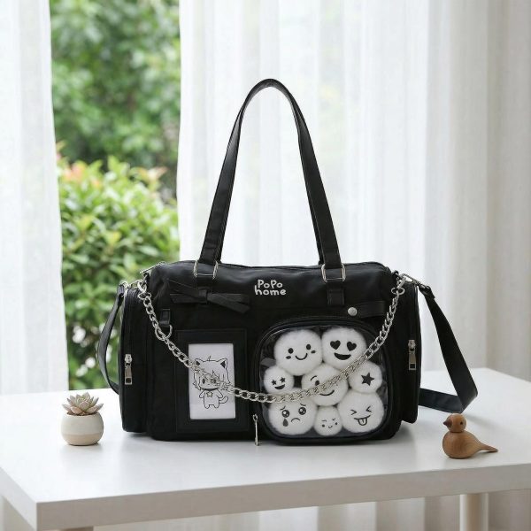 White Ita Crossbody Bag with Clear Window for Plushies and Pins — crossbody ita bag detail view