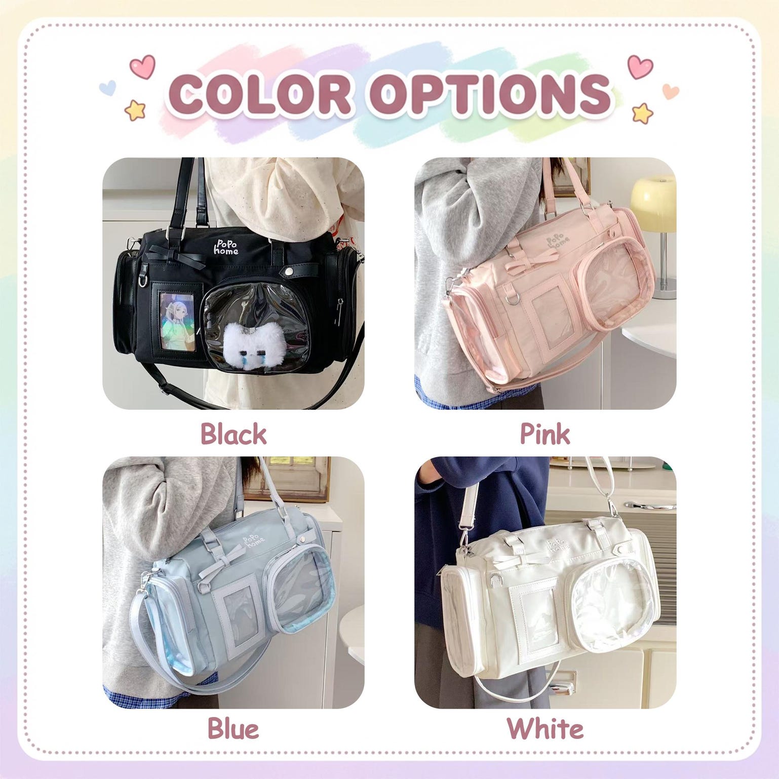 White Ita Crossbody Bag with Clear Window for Plushies and Pins White Ita Crossbody Bag with Clear Window for Plushies and Pins — crossbody ita bag detail view