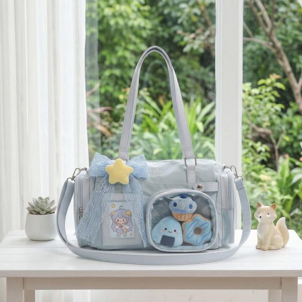 White Ita Crossbody Bag with Clear Window for Plushies and Pins — crossbody ita bag detail view