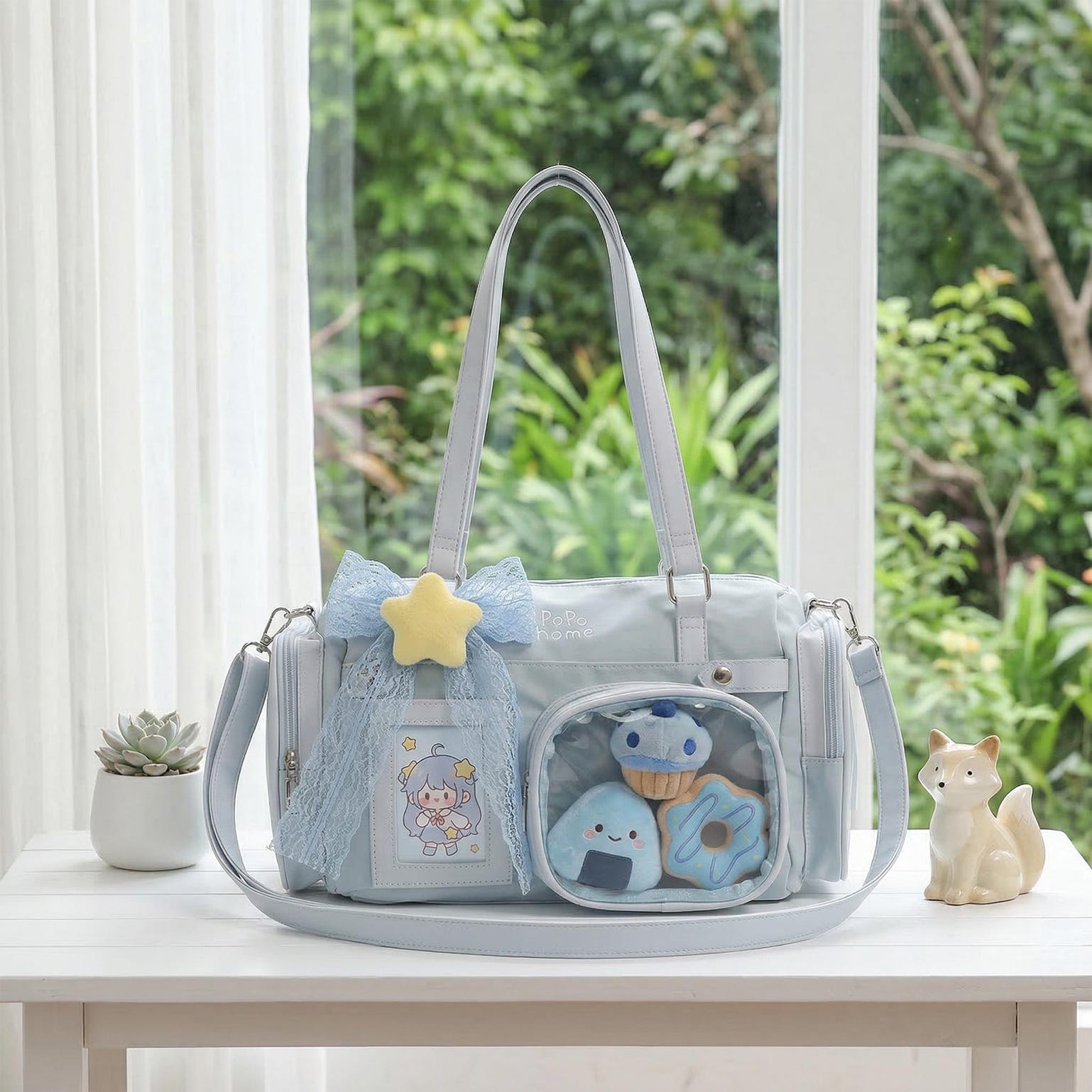 White Ita Crossbody Bag with Clear Window for Plushies and Pins White Ita Crossbody Bag with Clear Window for Plushies and Pins — crossbody ita bag detail view