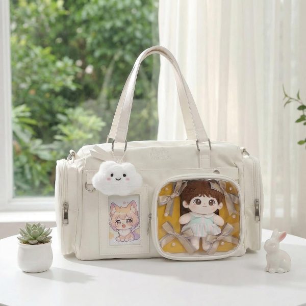 White Ita Crossbody Bag with Clear Window for Plushies and Pins — crossbody ita bag detail view