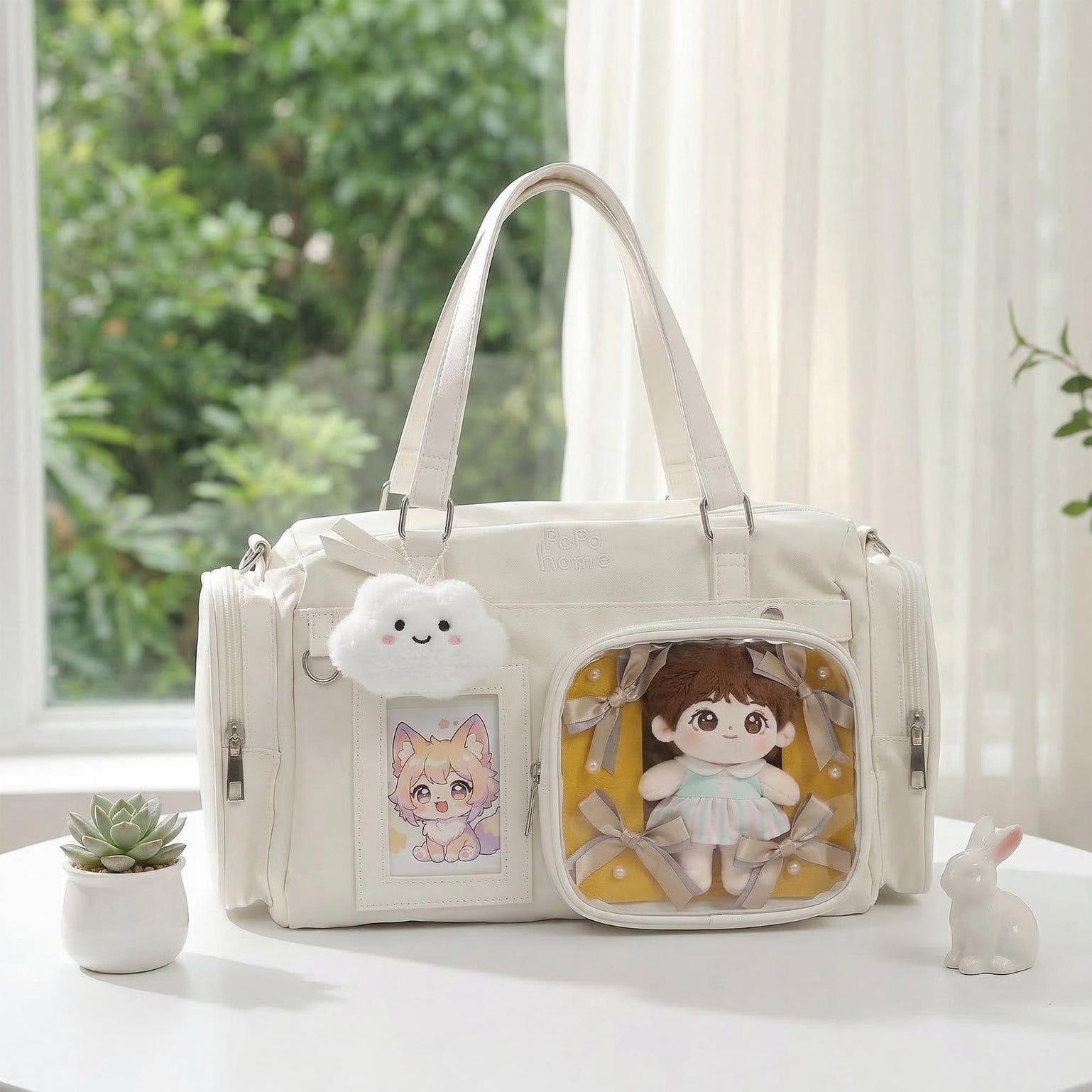 White Ita Crossbody Bag with Clear Window for Plushies and Pins White Ita Crossbody Bag with Clear Window for Plushies and Pins — crossbody ita bag detail view