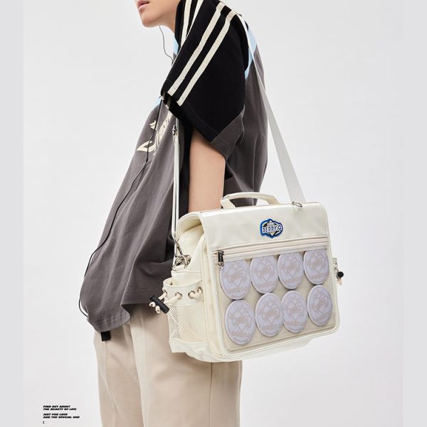 White Ita Shoulder Bag for Plushies and Pins — crossbody ita bag detail view