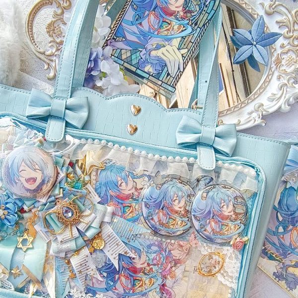 White Ita Shoulder Bag with Clear Window for Pin Display — crossbody ita bag detail view