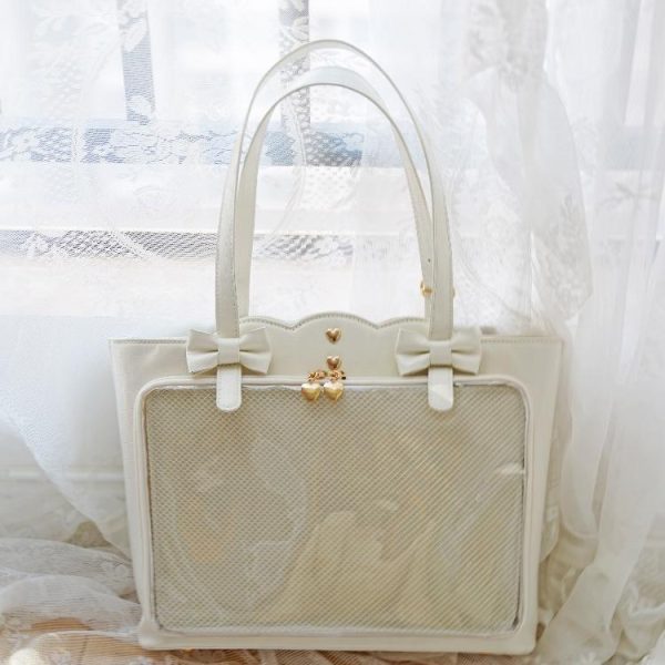 White Ita Shoulder Bag with Clear Window for Pin Display — crossbody ita bag detail view
