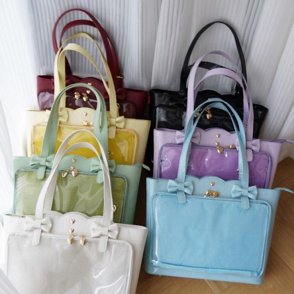 White Ita Shoulder Bag with Clear Window for Pin Display — crossbody ita bag detail view