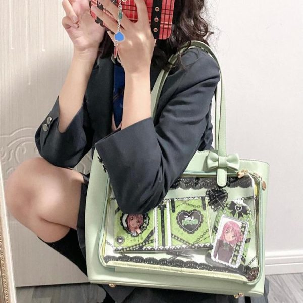 White Ita Shoulder Bag with Clear Window for Pin Display — crossbody ita bag detail view
