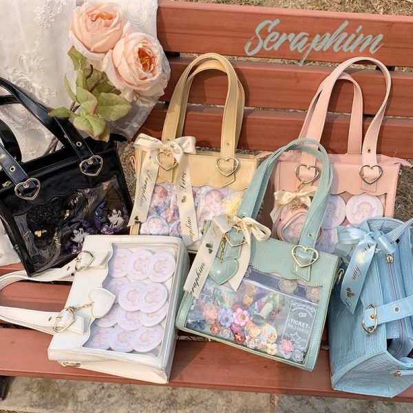 White Ita Tote Bag with Clear Window and Included Insert for Plushies and Pins — ita tote bag detail view