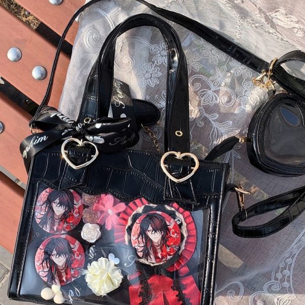 White Ita Tote Bag with Clear Window and Included Insert for Plushies and Pins — ita tote bag detail view