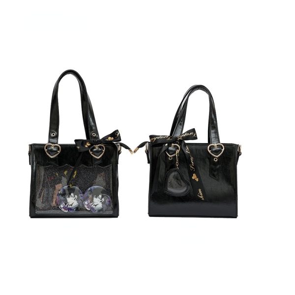 White Ita Tote Bag with Clear Window and Included Insert for Plushies and Pins — ita tote bag detail view