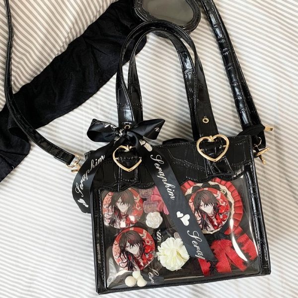 White Ita Tote Bag with Clear Window and Included Insert for Plushies and Pins — ita tote bag detail view