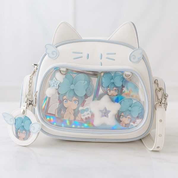 White Kawaii Cat Ita Shoulder Bag with Clear Window for Plushies and Pins — crossbody ita bag detail view