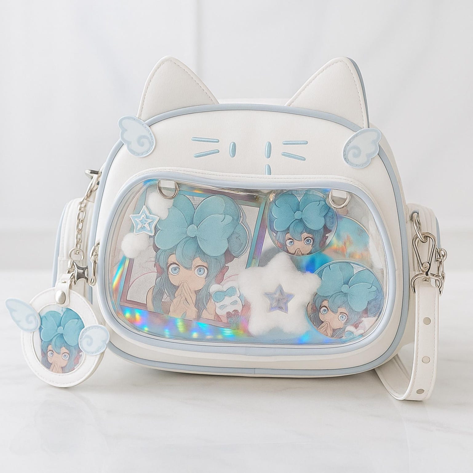 White Kawaii Cat Ita Shoulder Bag with Clear Window for Plushies and Pins White Kawaii Cat Ita Shoulder Bag with Clear Window for Plushies and Pins — crossbody ita bag detail view