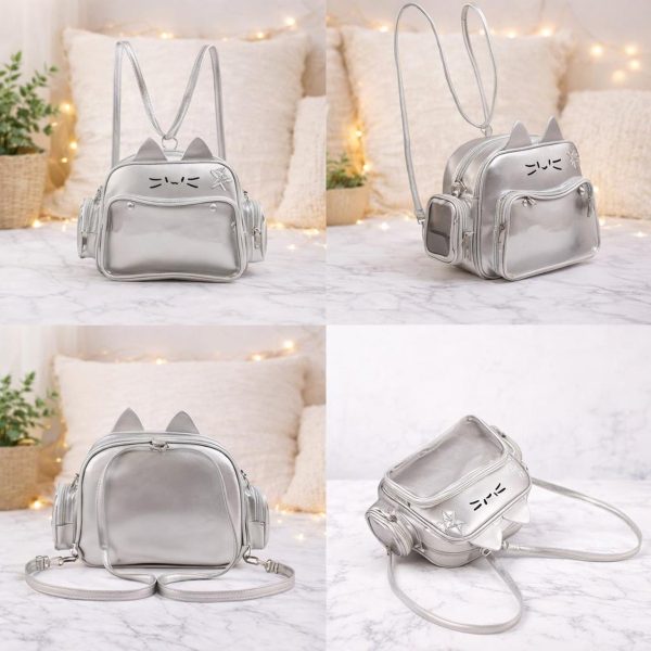 White Kawaii Cat Ita Shoulder Bag with Clear Window for Plushies and Pins — crossbody ita bag detail view