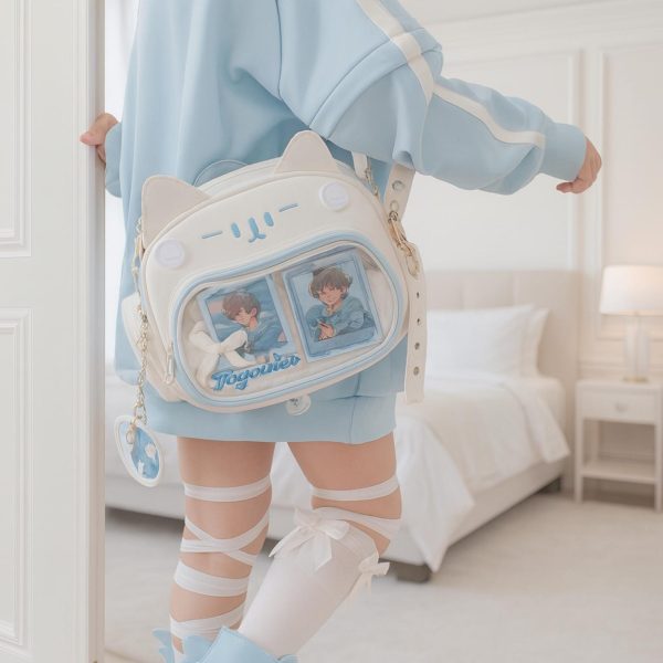 White Kawaii Cat Ita Shoulder Bag with Clear Window for Plushies and Pins — crossbody ita bag detail view