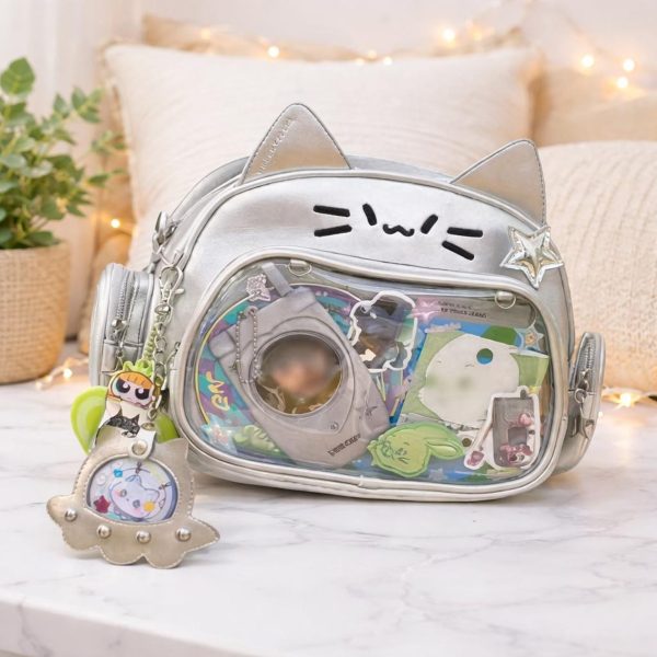 White Kawaii Cat Ita Shoulder Bag with Clear Window for Plushies and Pins — crossbody ita bag detail view