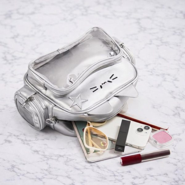 White Kawaii Cat Ita Shoulder Bag with Clear Window for Plushies and Pins — crossbody ita bag detail view
