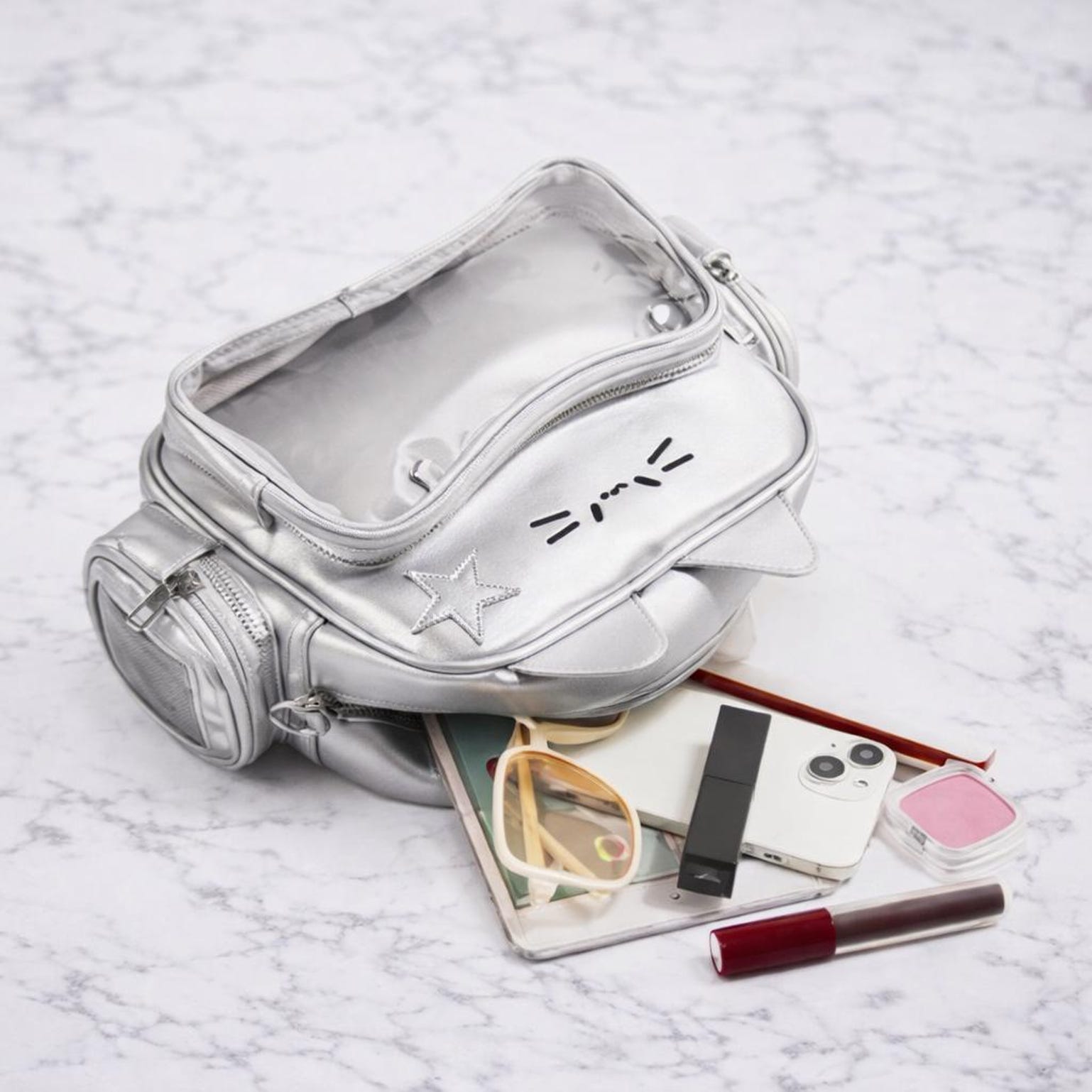 White Kawaii Cat Ita Shoulder Bag with Clear Window for Plushies and Pins White Kawaii Cat Ita Shoulder Bag with Clear Window for Plushies and Pins — crossbody ita bag detail view