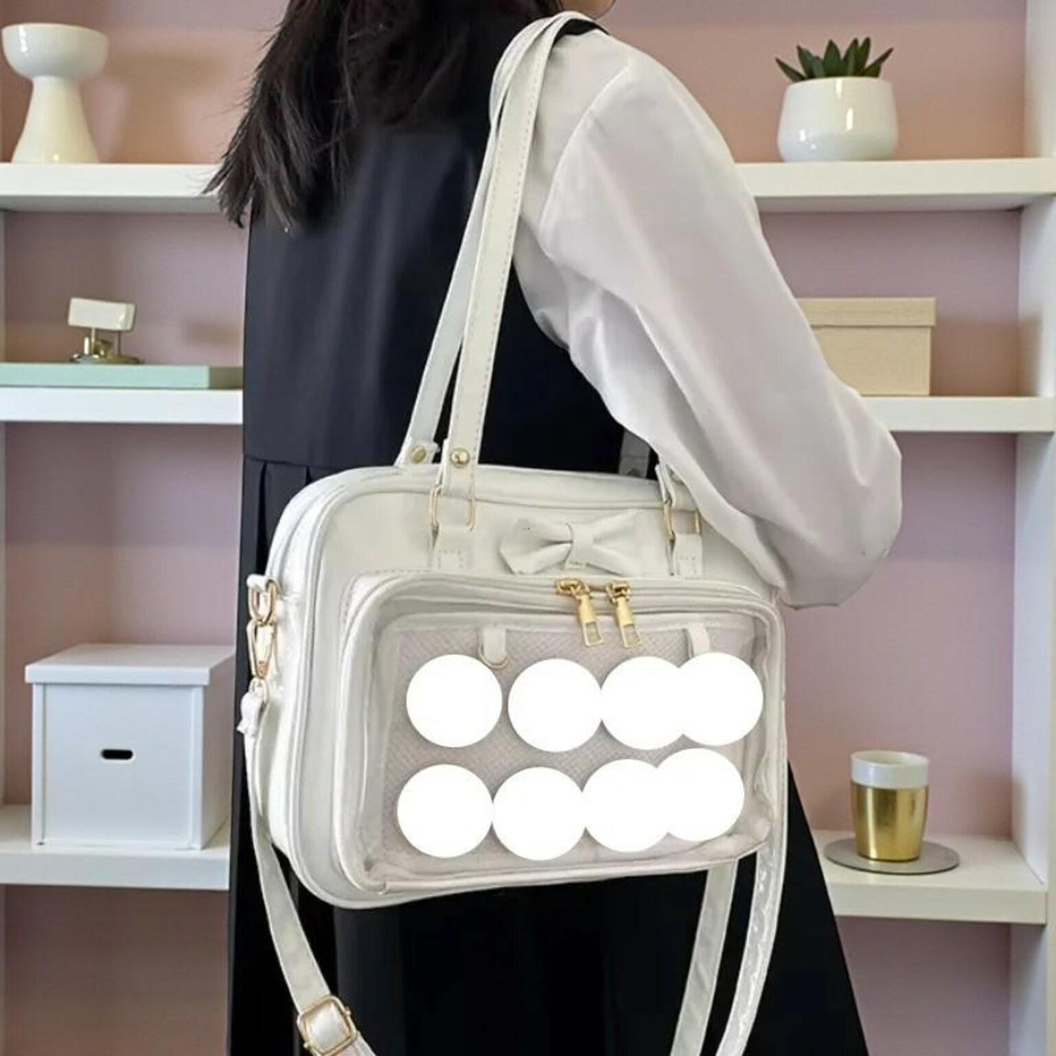 White Kawaii Convertible Ita Bag for Pin Display White Kawaii Convertible Ita Bag for Pin Display — ita bag detail view