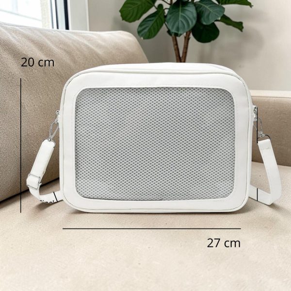White Kawaii Convertible Ita Bag with Clear Window for Pin Display — ita bag detail view