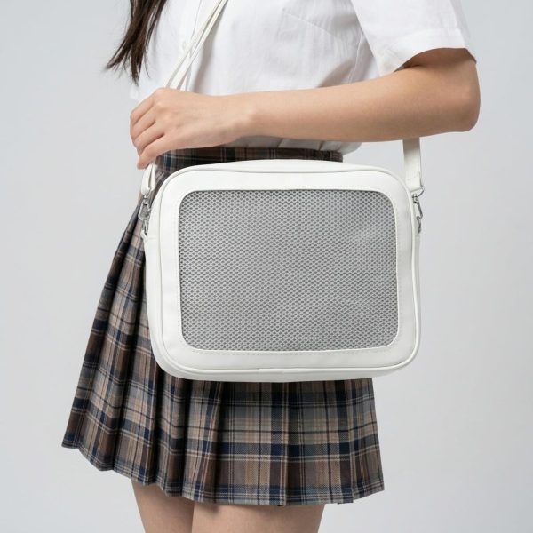 White Kawaii Convertible Ita Bag with Clear Window for Pin Display — ita bag with clear display window